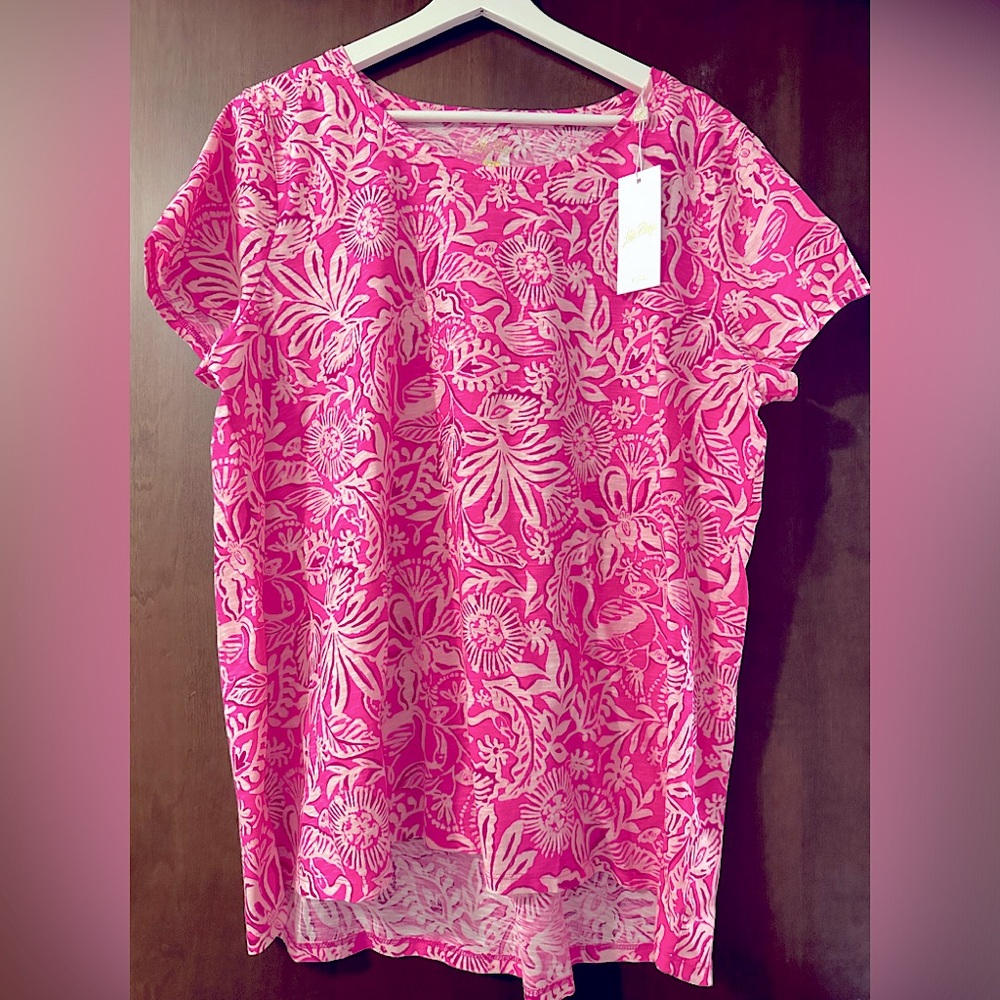 Lilly Pulitzer Etta Scoop Neck Tee Passion Fruit Pink Absolutely Flamazing XXL